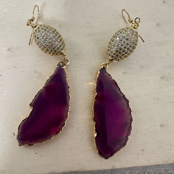 14k GF Pave Set Rhinestone Pink Agate Earrings - Picture 1 of 8